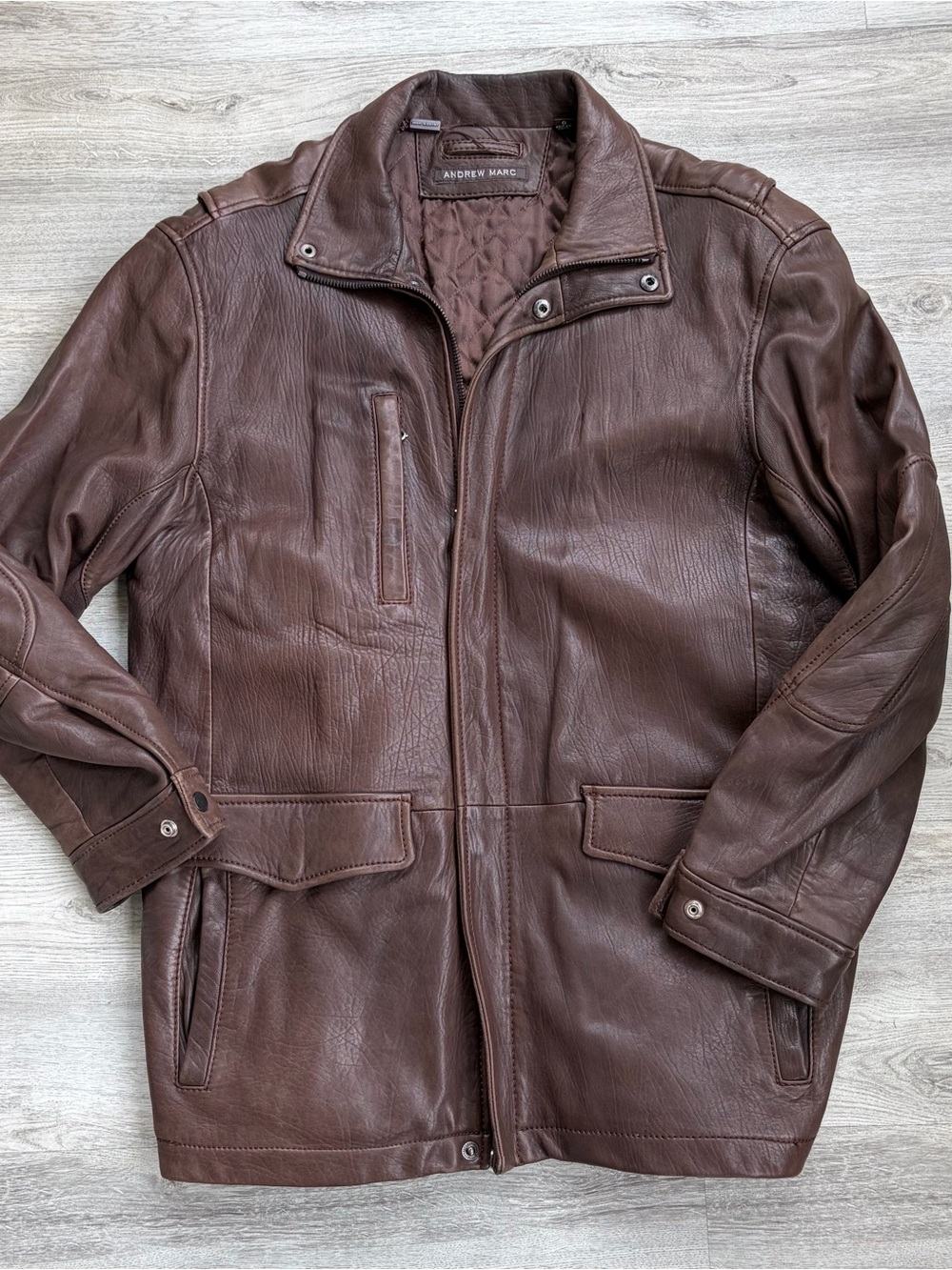 Andrew Marc Brown Leather Jacket Mens Large Soft Supple Biker Moto Career Preppy
